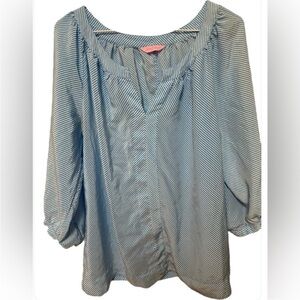 Lilly Pulitzer Moxy Blouse Sz M Blue White Stripe 100% Silk 3/4 Sleeve Top